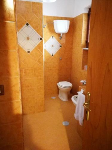 a small bathroom with a toilet and a shower at Ristorante Paisà. Cibo e Ospitalità in Agnone