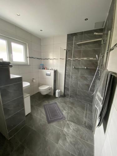 a bathroom with a shower and a sink and a toilet at Ferienwohnung 2 Schweizer in Geisingen