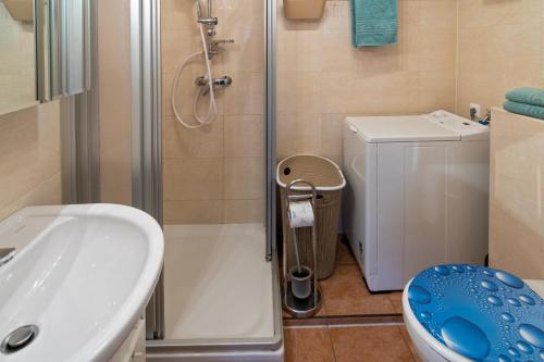 La salle de bains est pourvue d'une douche, de toilettes et d'un lavabo. dans l'établissement Robbenstube, à Dornumersiel
