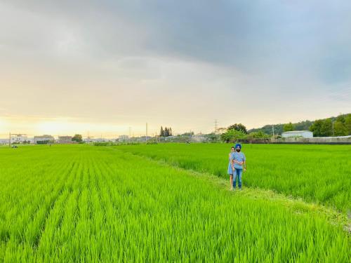two people walking through a field of green grass at Wooden 北美莊園 in Miaoli