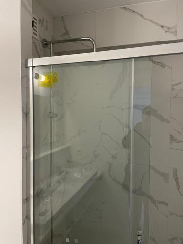 a shower with a glass door in a bathroom at Gallery Apartment in Blankenberge