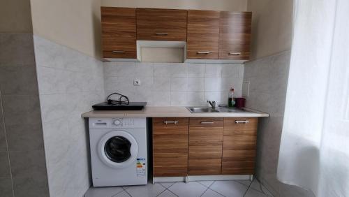 a kitchen with a washing machine and a sink at Florian Apartment 8 in Krakow