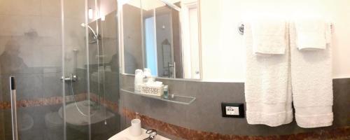 a bathroom with a shower and a toilet and a mirror at L'Angelo Blu in La Spezia
