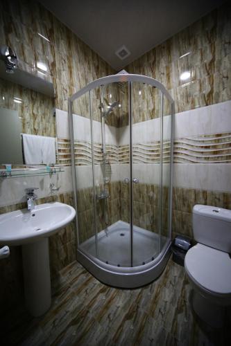 a bathroom with a shower and a toilet and a sink at Discovery Hotel in Kutaisi