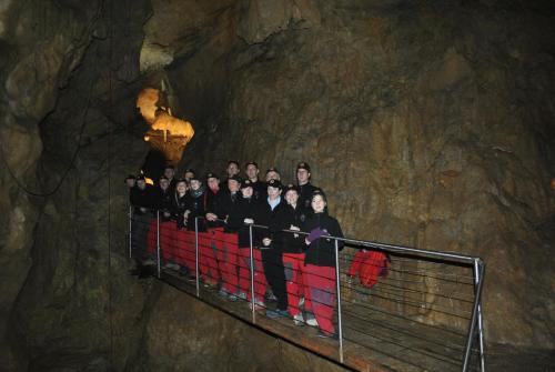 a group of people standing on a railing in a cave at House 1797 - Charm of Slovenian Vintage in Dob