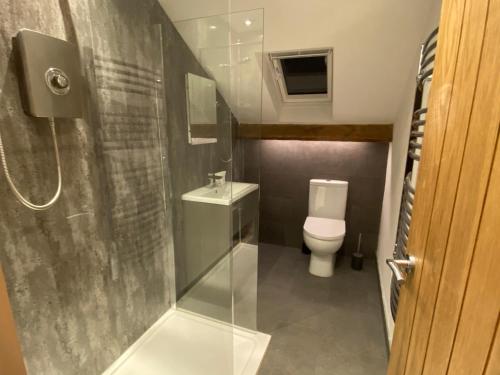 a small bathroom with a toilet and a shower at The Loft @3 in Barnsley