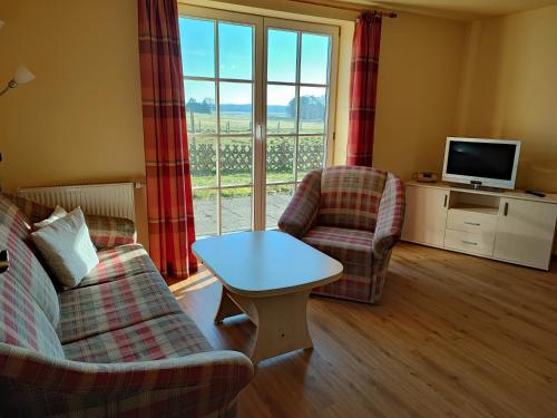 a living room with two chairs and a table and a television at Hotel und Appartements Jägerhof Rügen in Lancken-Granitz