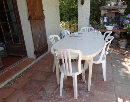 una mesa blanca y sillas en un patio en Chambre dans propriété La Croix du Sud, en Le Pradet