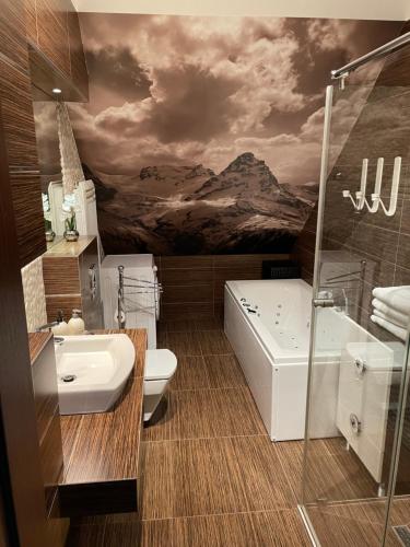 a bathroom with a toilet and a sink and a bath tub at Apartament Glamour I in Zakopane