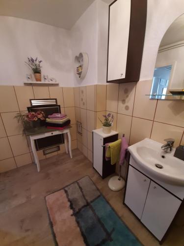 a small kitchen with a sink and a sink at Haus Sorgenfrei in Caputh