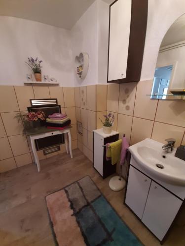 eine kleine Küche mit einem Waschbecken und einem Waschbecken in der Unterkunft Apartment Sorgenfrei in Caputh