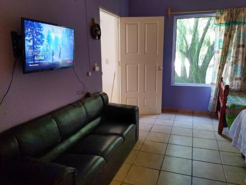uma sala de estar com um sofá e uma televisão de ecrã plano em Casa de Campo Tamasopo em Tamasopo