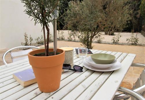 a table with a potted plant on top of it at Les Bastidons de l'Isle - Le Saumane - 3 étoiles in LʼIsle-sur-la-Sorgue