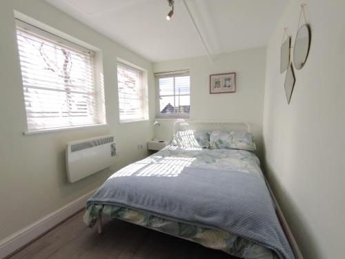 a bedroom with a bed and two windows at The Annexe in Hawkedon