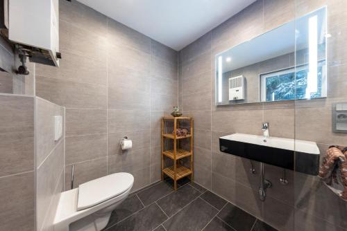 łazienka z umywalką, toaletą i lustrem w obiekcie Gästehaus Strauss w mieście Seefeld in Tirol