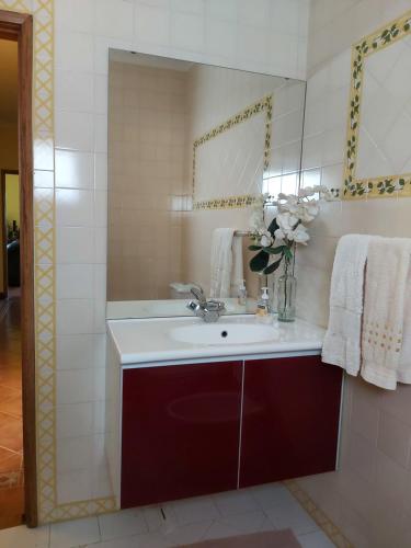 uma casa de banho com lavatório, espelho e flores em R3 Service - Cozy Old House em Borralha