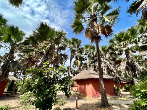 a house with a thatched roof and palm trees at Nemasu Eco-lodge in Gunjur