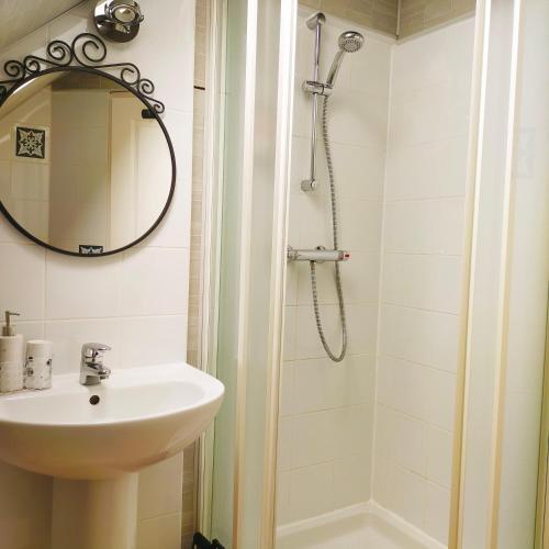 a bathroom with a sink and a shower at Au Ker Lauriers chambres et table d Hôtes in Saint-Denoual