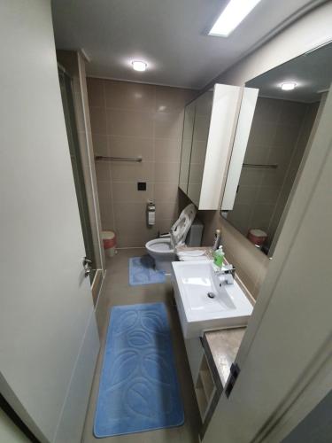 a bathroom with a sink and a toilet and a mirror at апартаменты в ЖК Хайвил in Astana