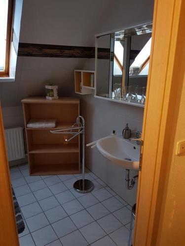 a bathroom with a sink and a mirror at ferienbeianne in Hemmingstedt
