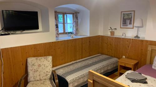 a bedroom with a bed and a tv and a chair at Pension Laura in Chřibská