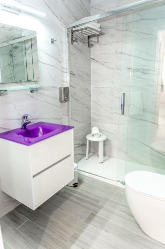 a bathroom with a purple sink and a shower at El Nido in Ajo