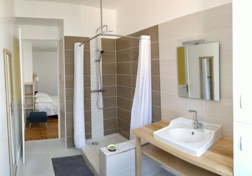 y baño con lavabo y ducha. en Le Cheylard, appartement spacieux et lumineux, en Le Cheylard