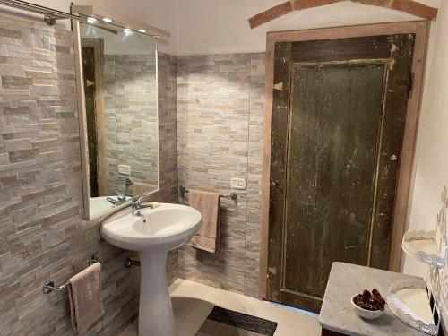 a bathroom with a sink and a mirror and a shower at LA CORTE DEI GELSOMINI in Castiglion Fibocchi