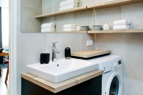 une salle de bain avec un lavabo et une machine à laver dans l'établissement Dream Stay - Superior Apartment in the Heart of Tallinn, à Tallinn