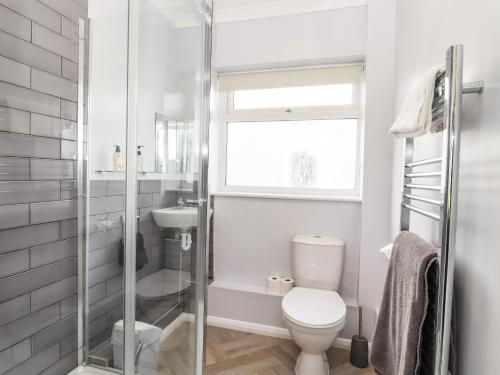 a white bathroom with a toilet and a sink at Marsh Bungalow in Carlton Colville