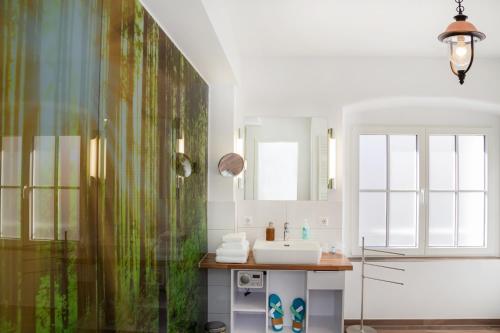 a bathroom with a sink and a shower at Hotel Alte Schule in Lindau
