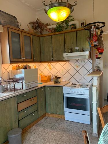 a kitchen with green cabinets and a white stove top oven at Athena’s House in Elaión