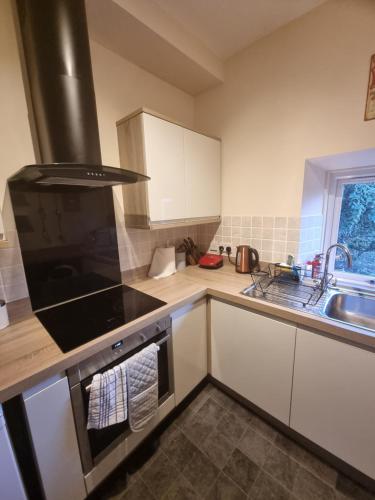 a kitchen with a stove top oven next to a sink at Rose Cottage City Centre in Inverness
