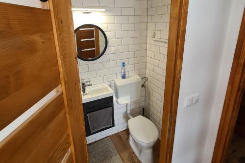 a bathroom with a toilet and a sink and a mirror at Mihelyünk in Fonyód