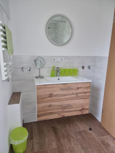 a bathroom with a sink and a mirror at Pension "Lug ins Land" in Kurort Rathen