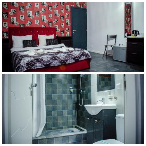 a bedroom with a bed and a bathroom with a sink at City Lux Villa in Bucharest