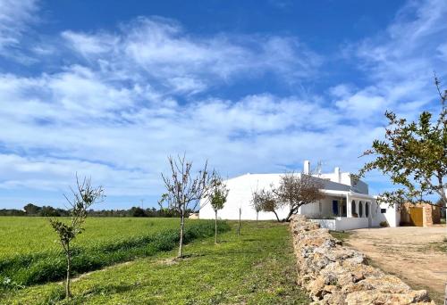 a white house in a field with a stone wall at Can Marianet in Sant Ferran de Ses Roques