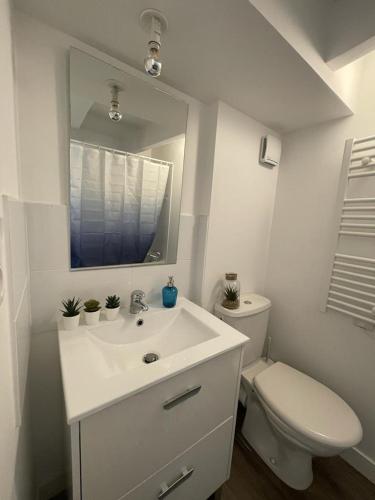 une salle de bain avec un lavabo, des toilettes et un miroir dans l'établissement La Cabine, à Granville
