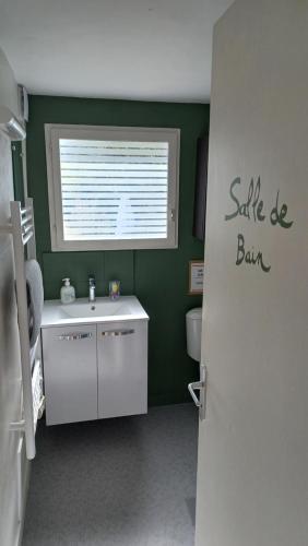a green bathroom with a sink and a window at KER GOH VELIN in Saint-Gildas-de-Rhuys