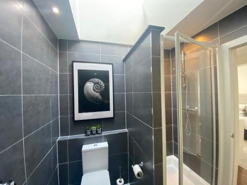 uma casa de banho com um WC e um chuveiro em The Loft - Remarkable 2-Bed Anstruther Apartment em Anstruther