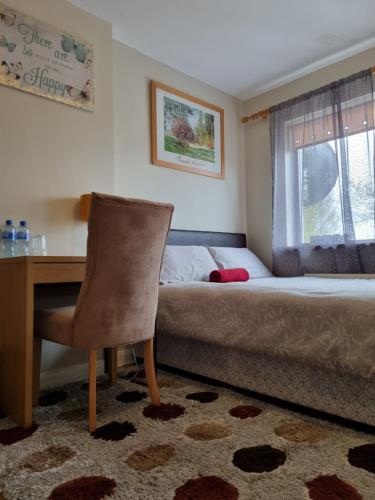 a bedroom with a desk and a bed and a chair at Brooks Homestay in Dundalk