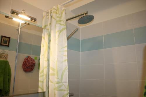 a bathroom with a shower with a shower curtain at GoVienna - Charming Studio in Vienna