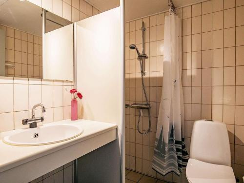 a bathroom with a shower with a sink and a toilet at Holiday home Rudkøbing XVII in Rudkøbing