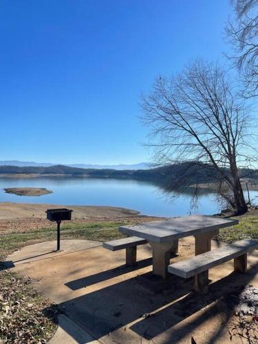 a picnic table and a grill next to a lake at Charming house in Sevierville Family friendly Quiet location Close to Wilderness in Sevierville