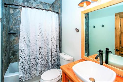 een badkamer met een toilet, een wastafel en een douche bij Alpine Chalet-1840 by Big Bear Vacations in Big Bear Lake