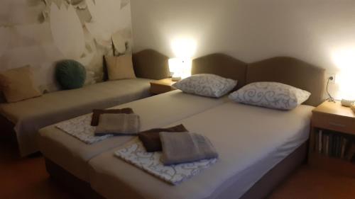 a bedroom with a bed and a couch and two pillows at Vicky Apartments in Kotor