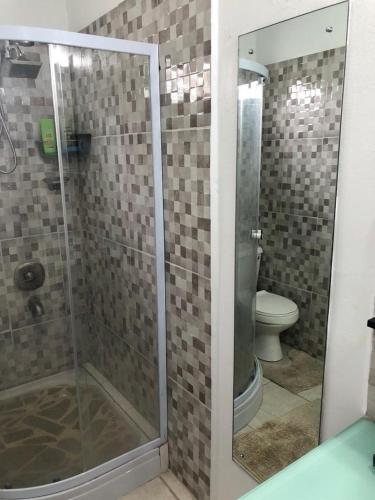 a bathroom with a shower and a toilet at Beverley Manor DIAMOND VALE' 2 Bedroom 1 Bath Apartment in Diego Martin