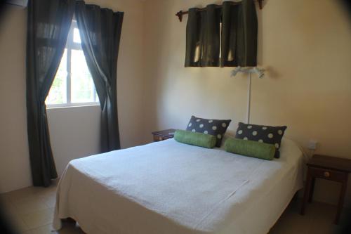 una camera da letto con un letto con due cuscini e una finestra di Keravel Bungalows a Pointe d'Esny