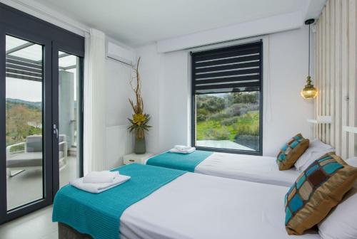 2 camas en una habitación con ventana en Villa Alyona, en Skinés