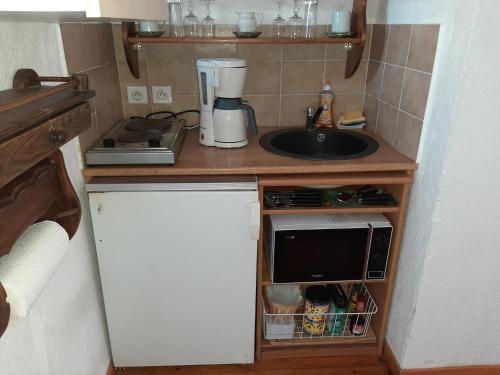une petite cuisine avec un évier et un micro-ondes dans l'établissement JAS en Provence, à Plan dʼAups